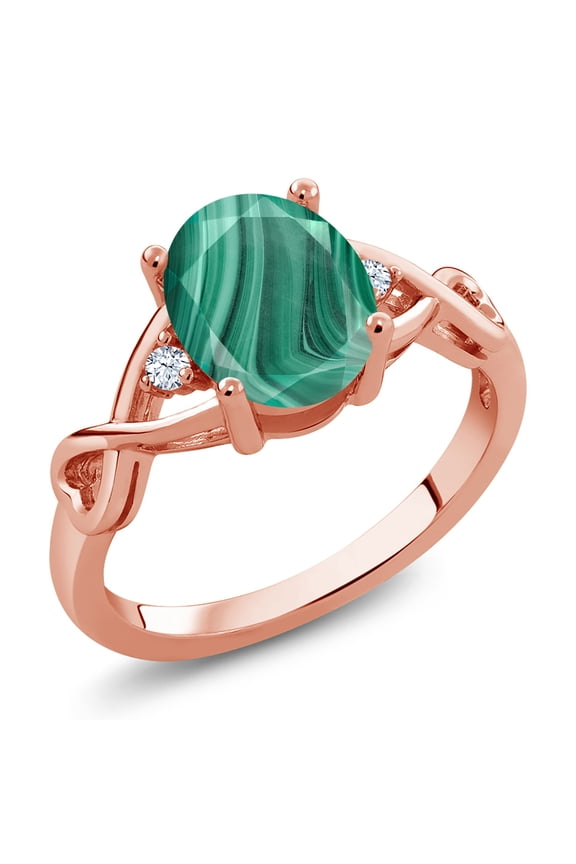 2.59 Ct Oval Green Malachite 18K Rose Gold Plated Silver Ring (Size 7)