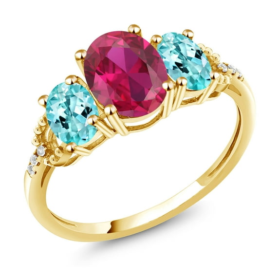 Gem Stone King 2.59 Ct Oval Red Created Ruby Blue Apatite 10K Yellow Gold Ring (Size 7)