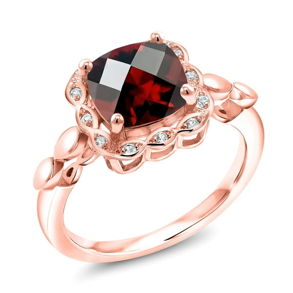 Gem Stone King 2.60 Ct Cushion Checkerboard Red Garnet White Created Sapphire 18K Rose Gold Plated Silver Ring