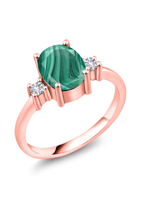 2.60 Ct Green Malachite White Created Sapphire 18K Rose Gold Plated Silver Ring (Size 6)