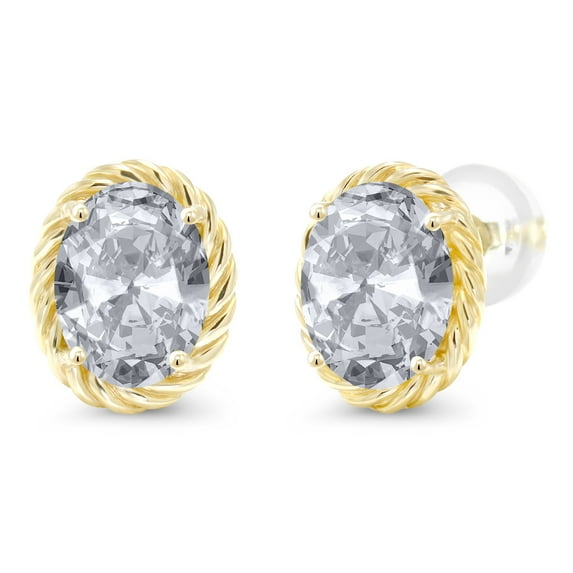 Gem Stone King 2.60 Ct Oval 8x6mm White Topaz 14K Yellow Gold Stud Earrings for Women Men
