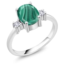 Gem Stone King 2.60 Ct Oval Green Malachite White Created Sapphire 925 Sterling Silver Ring (Size 8)