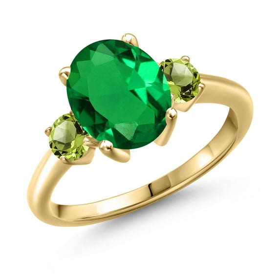 Gem Stone King 2.60 Ct Oval Green Nano Emerald Green Peridot 18K Yellow Gold Plated Silver Ring (Size 7)