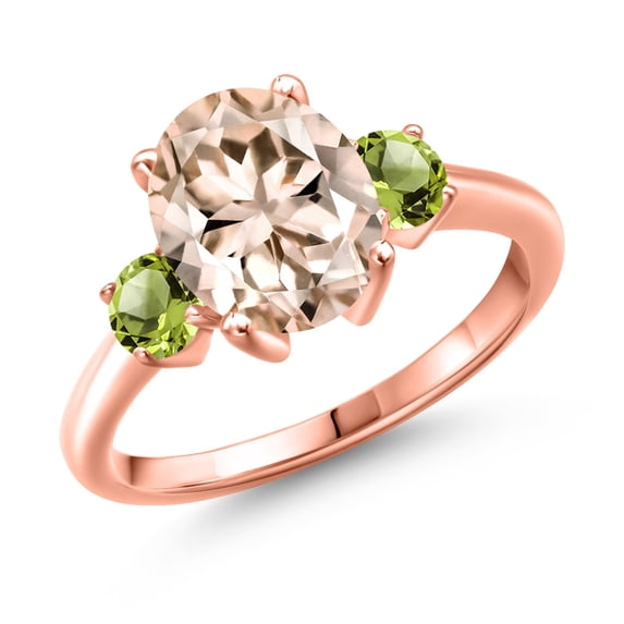 Gem Stone King 2.60 Ct Oval Peach Morganite Green Peridot 18K Rose Gold Plated Silver Ring (Size 9)