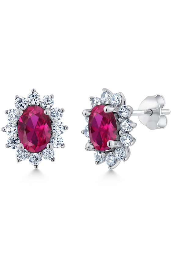 925 Sterling Silver Red Created Ruby Earrings for Women (2.60 Cttw, Oval 7X5MM)