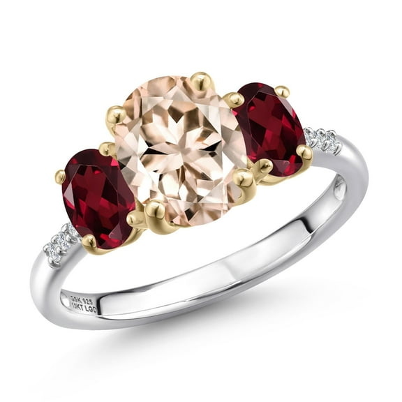 Gem Stone King 925 Silver and 10K Yellow Gold Peach Morganite and Red Rhodolite Garnet and Lab Grown Diamond Engagement Ring for Women | 2.66 Cttw | Oval 9X7MM | October Birthstone | Size 5
