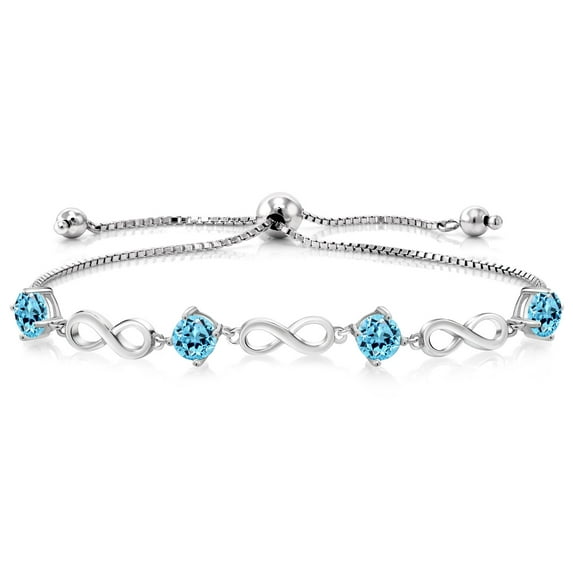 Gem Stone King 2.60 Ct Round Swiss Blue Topaz 925 Sterling Silver Keren Hanan Women Adjustable Infinity Tennis Bracelet