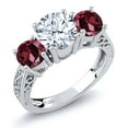thumbnail image 1 of Gem Stone King 2.60 Ct Round White Topaz Red Rhodolite Garnet 925 Sterling Silver 3-Stone Ring, 1 of 5