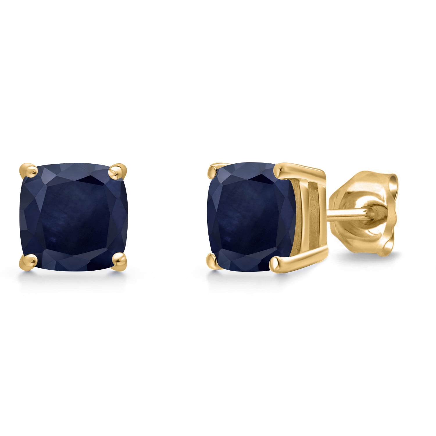 Gem Stone King 2.60 Cttw 14K Yellow Gold Cushion 6MM Blue Sapphire Double Notch Stud Earrings | Gemstone September Birthstone | Gold Earrings for Women Men