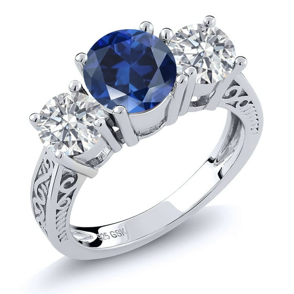 Gem Stone King 2.60 Cttw 7MM Round Blue Created Sapphire and 5MM Round White Lab Grown Diamond 925 Sterling Silver 3-Stone Ring for Women | Available in Size 5, 6, 7, 8, 9