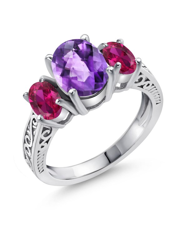 2.60 Cttw Oval Checkerboard Amethyst and Red Created Ruby 925 Sterling Silver 3-Stone Ring for Women | Gemstone Birthstone | Oval 9X7MM and 6X4MM | Available in Size 5, 6, 7, 8, 9