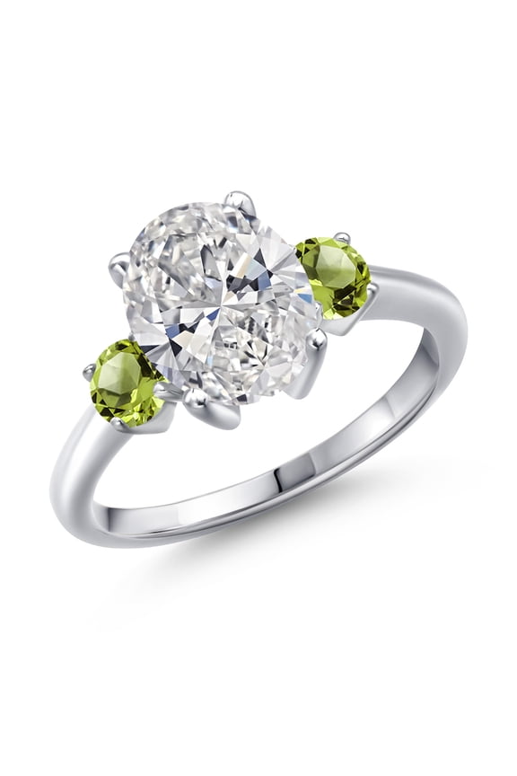 2.60 cttw IGI Certified Lab Grown Diamond and Green Peridot 3-Stone Engagement Ring for Women | 925 Sterling Silver | Center 2.00 Ct Diamond | D-E Color | VS1-VS2 Clarity | Size 5