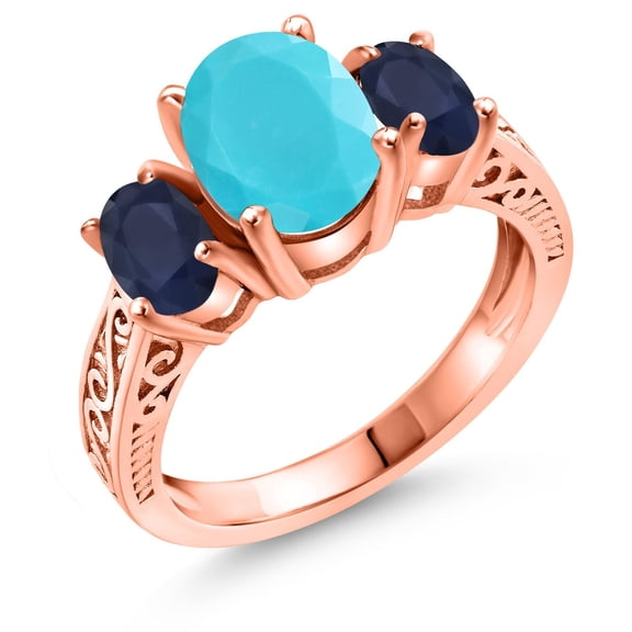 Gem Stone King 2.61 Ct Oval Green Turquoise Blue Sapphire 18K Rose Gold Plated Silver Ring (Size 6)