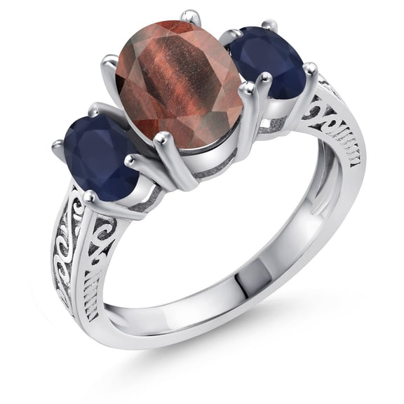 Gem Stone King 2.61 Ct Oval Red Tiger Eye Blue Sapphire 925 Sterling Silver Ring (Size 5)