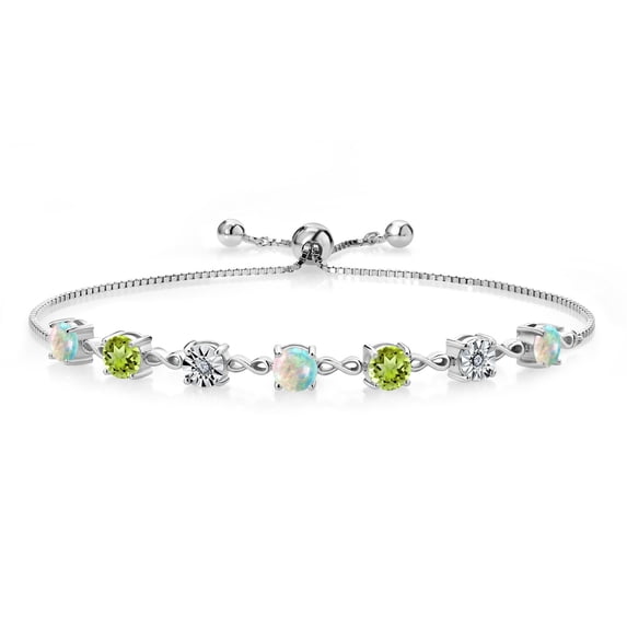 Gem Stone King 2.61 Ct Round Cabochon White Simulated Opal Green Peridot 925 Sterling Silver Lab Grown Diamond Tennis Bracelet for Women (Fully Adjustable up to 9 inch)