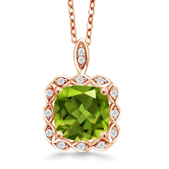 Gem Stone King 2.62 Ct Cushion Green Peridot 18K Rose Gold Plated Silver Pendant