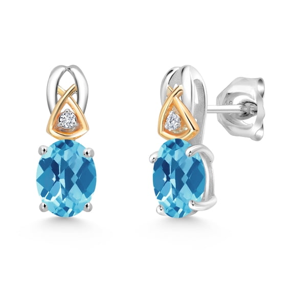 Gem Stone King 2.62 Ct Oval Checkerboard Swiss Blue Topaz G/H Lab Grown Diamond 925 Silver and 10K Yellow Gold Earrings