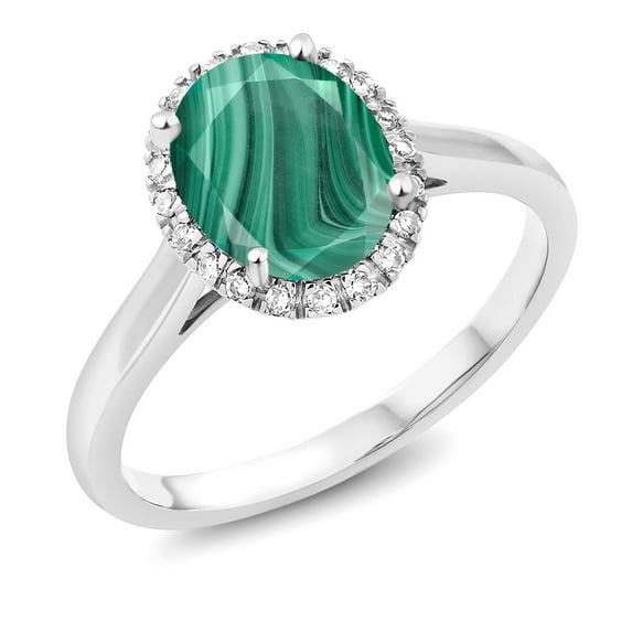 Gem Stone King 2.64 Ct Oval Green Malachite White Diamond 10K White Gold Ring