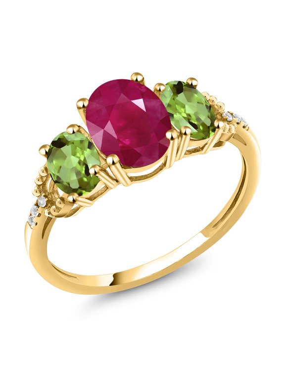 2.64 Cttw Oval Red Ruby Green Peridot and Diamond Accent Engagement Ring for Women | 10K Yellow Gold | Oval 8X6MM and 6X4MM | Wedding Anniversary Promise Ring for Women | Size 5