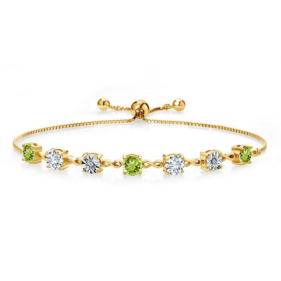 Gem Stone King 2.66 Ct Green Peridot and E-F Lab Grown Diamond 18K Yellow Gold Plated Silver Tennis Bracelet for Women (Fully Adjustable up to 9 inch)