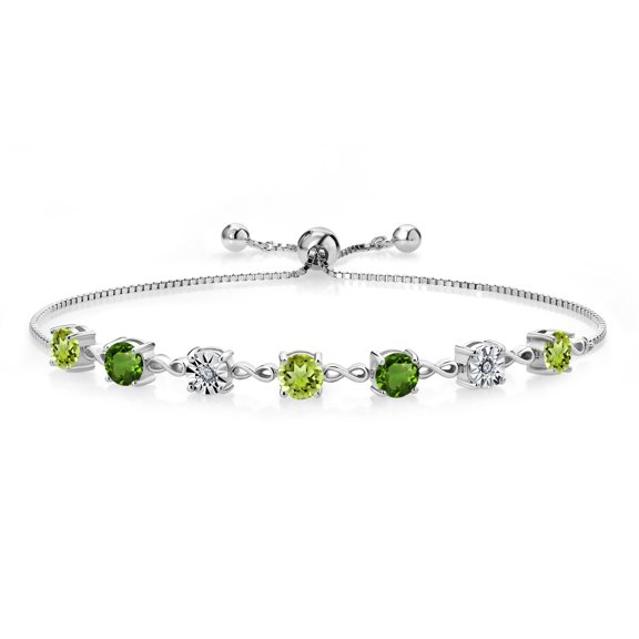 Gem Stone King 2.66 Ct Round Green Peridot Green Chrome Diopside 925 Sterling Silver Lab Grown Diamond Tennis Bracelet for Women (Fully Adjustable up to 9 inch)