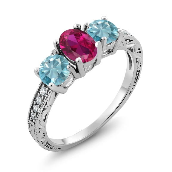 Gem Stone King 2.67 Ct Oval Red Created Ruby Blue Zircon 925 Sterling Silver Moissanite Ring (Size 6)