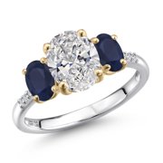 Gem Stone King 2.67 Cttw IGI Certified Lab Grown Diamond and Blue Sapphire in 925 Silver and 10K Yellow Gold Engagement Ring for Women | Center Diamond 1.5 Ct | D-E Color | VS1 Clarity | Size 5