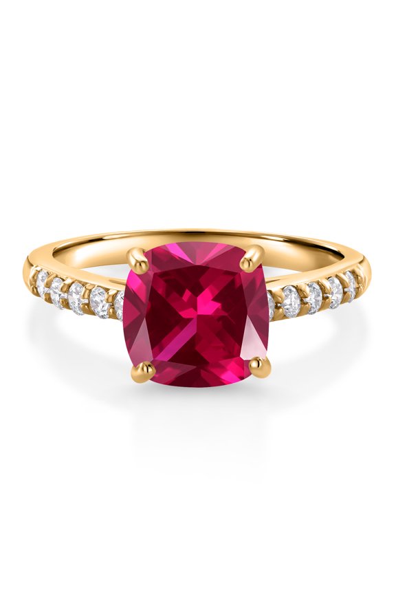 2.70 Ct Cushion Red Created Ruby G/H Lab Grown Diamond 10K Yellow Gold Engagement Ring (Size 5)