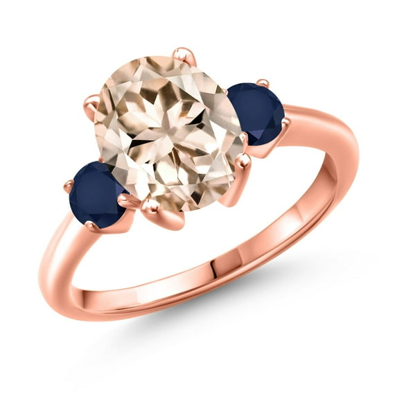 Gem Stone King 2.70 Ct Oval Peach Morganite Blue Sapphire 18K Rose Gold Plated Silver Ring