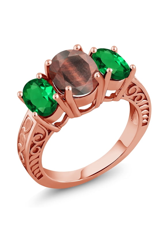 2.70 Ct Oval Red Tiger Eye Green Nano Emerald 18K Rose Gold Plated Silver Ring (Size 9)