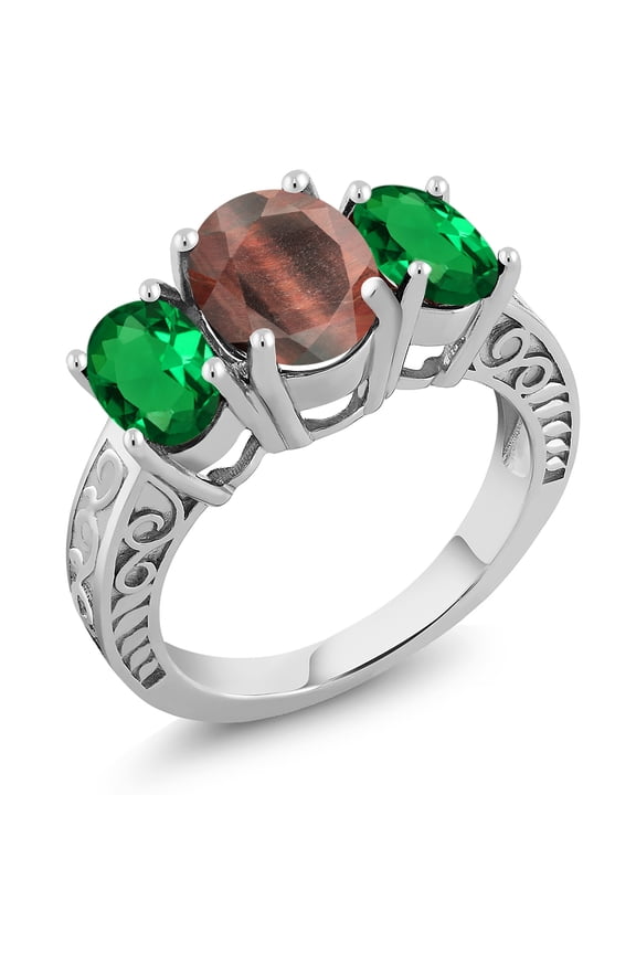 2.70 Ct Oval Red Tiger Eye Green Nano Emerald 925 Sterling Silver Ring (Size 9)