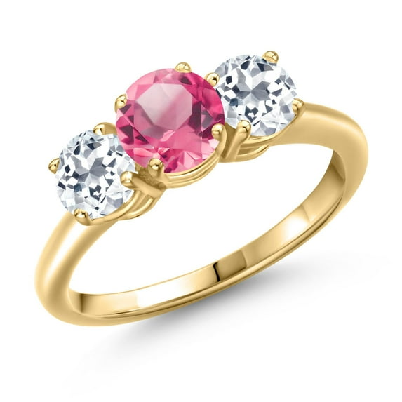 Gem Stone King 18K Yellow Gold Plated Silver Pink Mystic Topaz and White Topaz Engagement Ring for Women | 2.70 Cttw | Round 6MM | Gemstone November Birthstone | Size 6