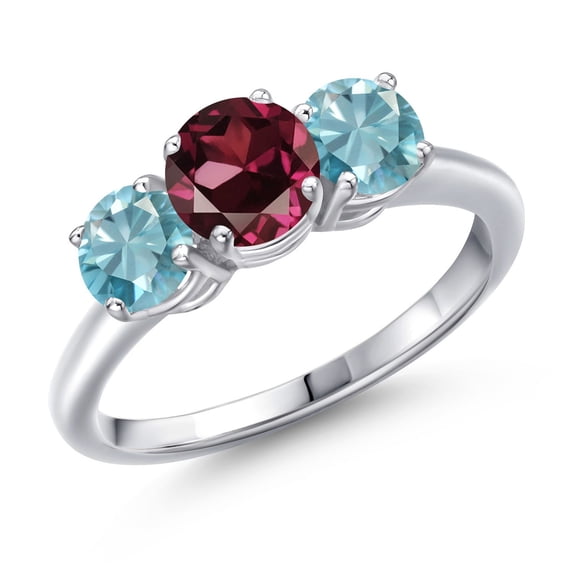 Gem Stone King 925 Sterling Silver Red Rhodolite Garnet and Blue Zircon Engagement Ring for Women | 2.70 Cttw | Round 6MM | Gemstone January Birthstone | Size 5