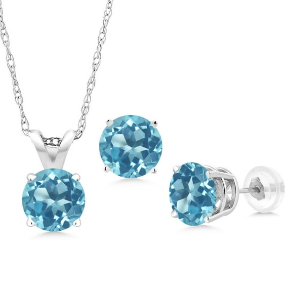 Gem Stone King 2.70 Ct Round Swiss Blue Topaz 14K White Gold Pendant and Earrings Jewelry Set With Chain