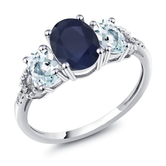 Gem Stone King 2.70 Cttw 10K White Gold Oval Blue Sapphire Sky Blue Aquamarine and Diamond Accent 3-Stone Engagement Ring | Three Stone Wedding Anniversary Promise Ring for Women (Size 9.5)