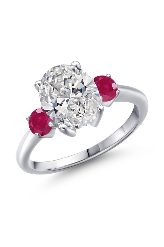 2.70 cttw IGI Certified Lab Grown Diamond and Red Ruby 3-Stone Engagement Ring for Women | 925 Sterling Silver | Center 2.00 Ct Diamond | E-F Color | VS1-VS2 Clarity | Size 7