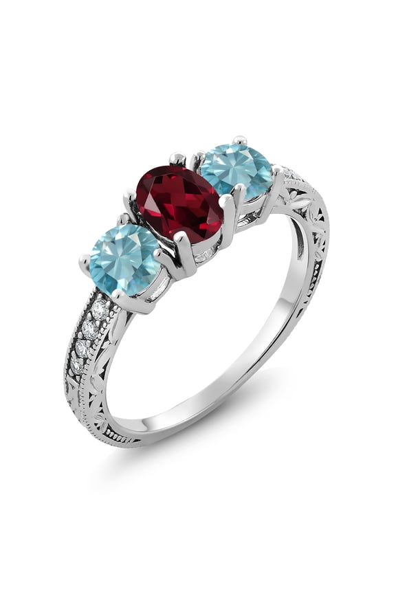 2.72 Ct Oval Red Rhodolite Garnet Blue Zircon 925 Sterling Silver Moissanite Ring (Size 5)