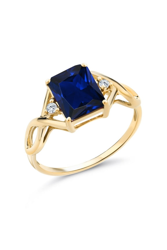 2.73 Cttw Blue Created Sapphire and Lab Grown Diamond Ring for Women | 18K Yellow Gold Plated Silver | Gemstone Birthstone | Emerald Cut 9X7MM | Size 9