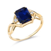 3-Stone Ring for Women | 18K Yellow Gold Plated Silver | 9X7MM Emerald Cut Gemstone Birthstone & Lab Grown Diamond | Wedding Anniversary Engagement Ring | Size 5-9 | Created Sapphire| 7