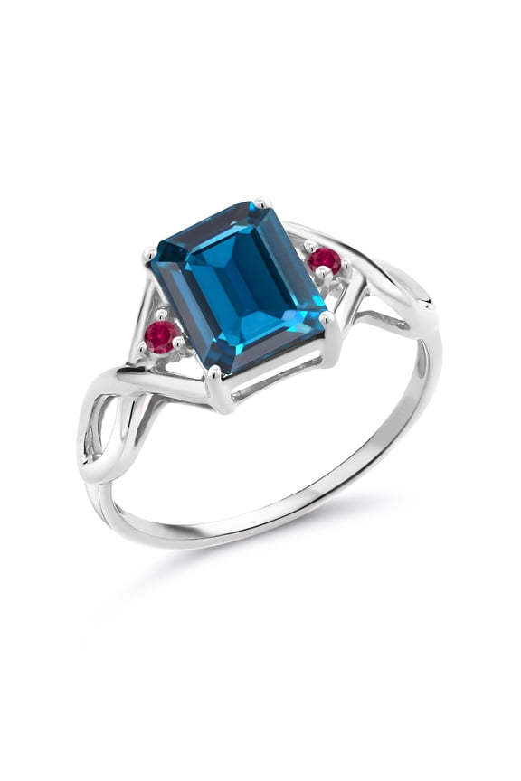2.74 Cttw Emerald Cut London Blue Topaz and Red Created Ruby 925 Sterling Silver Ring for Women | Emerald Cut 9X7MM | Gemstone Birthstone (Size 5)