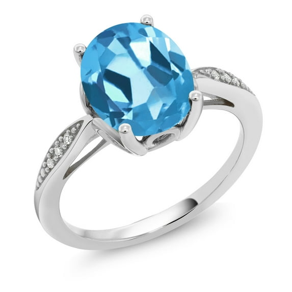 Gem Stone King 2.74 Ct Oval Swiss Blue Topaz White Diamond 14K White Gold Ring