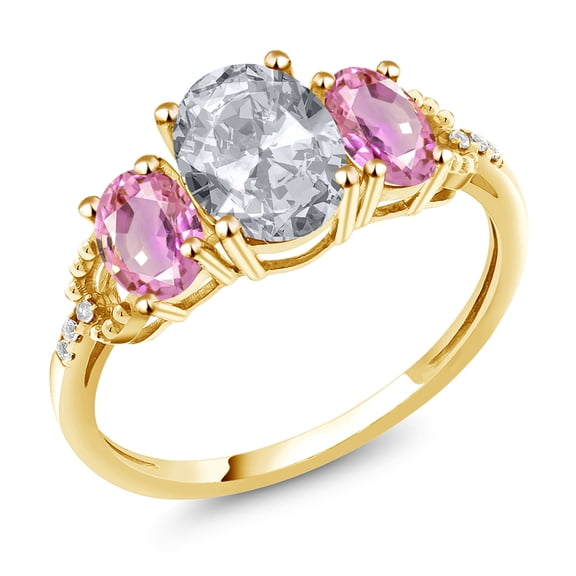 Gem Stone King 2.74 Ct Oval White Topaz Pink Sapphire 10K Yellow Gold Ring (Size 6)