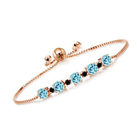 Gem Stone King 2.74 Ct Round Blue Apatite Black Diamond 18K Rose Gold Plated Silver Tennis Bracelet for Women