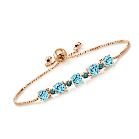 Gem Stone King 2.74 Ct Round Blue Apatite Blue Diamond 18K Rose Gold Plated Silver Tennis Bracelet for Women
