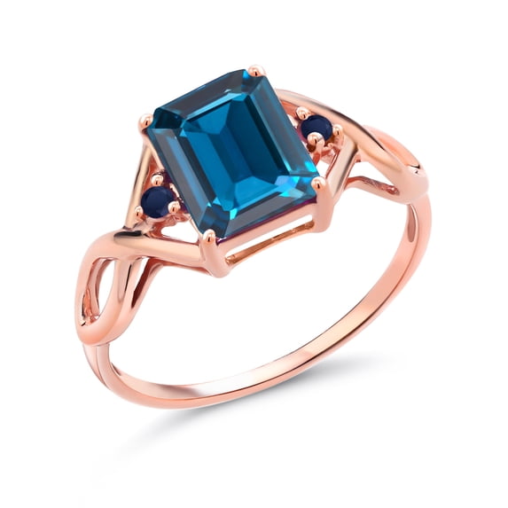 Gem Stone King 2.74 Cttw London Blue Topaz and Blue Sapphire 18K Rose Gold Plated Silver Ring for Women | Emerald Cut 9X7MM and Round 2MM (Size 7)
