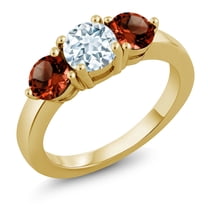 Gem Stone King 2.75 Ct Round Sky Blue Aquamarine Red Garnet 18K Yellow Gold Plated Silver Ring (Size 9)