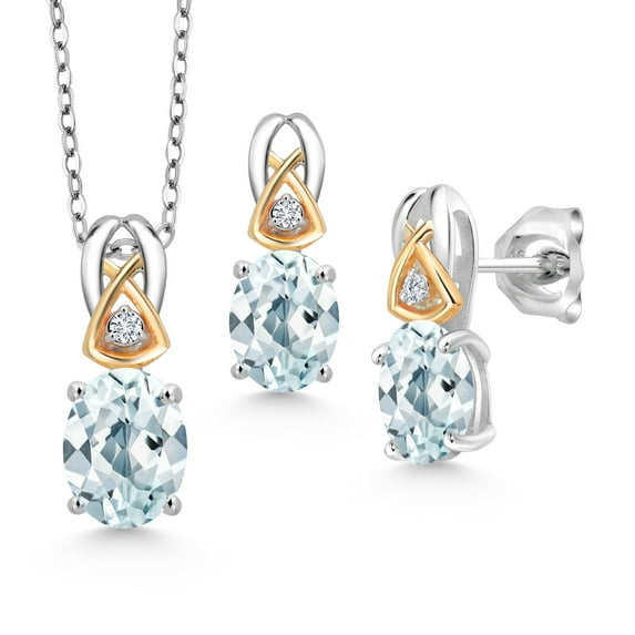 Gem Stone King 2.75 Ct Sky Blue Aquamarine 925 Silver and 10K Yellow Gold Pendant and Earrings Jewelry Set
