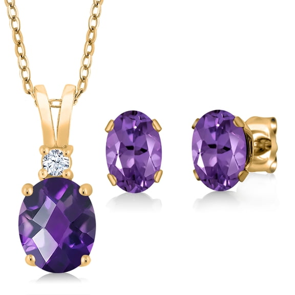 Gem Stone King 2.75 Cttw Oval Checkerboard Purple Amethyst 18K Yellow Gold Plated Silver Pendant Earrings Set for Women | Oval 8X6MM and 7X5MM | Gemstone Birthstone | With 18 inch Chain
