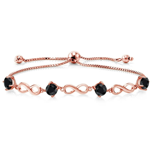 Gem Stone King 2.76 Ct Round Black Sapphire 18K Rose Gold Plated Silver Keren Hanan Women Adjustable Infinity Tennis Bracelet