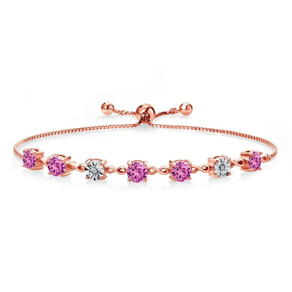 Gem Stone King 2.76 Ct Round Pink Created Sapphire 18K Rose Gold Plated Silver Lab Grown Diamond Tennis Bracelet for Women (Fully Adjustable up to 9 inch)